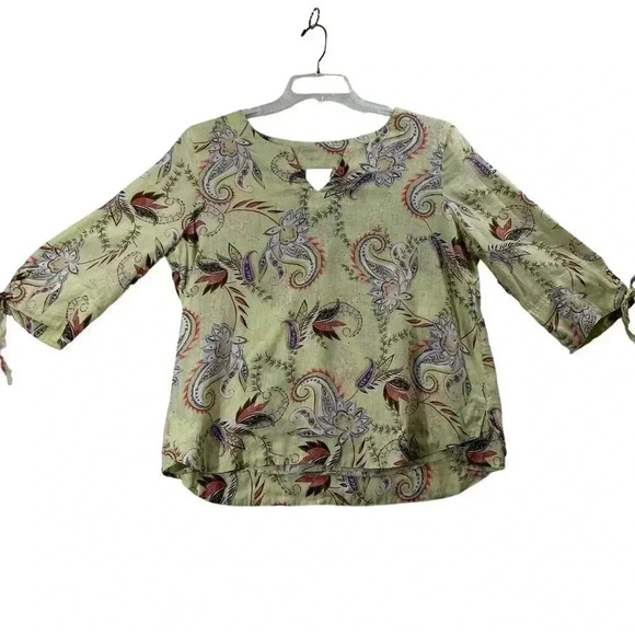 J Jill Love Linen Blouse Yellow Paisley Pattern Split Neck 3/4 Sleeve Size med - Picture 2 of 14